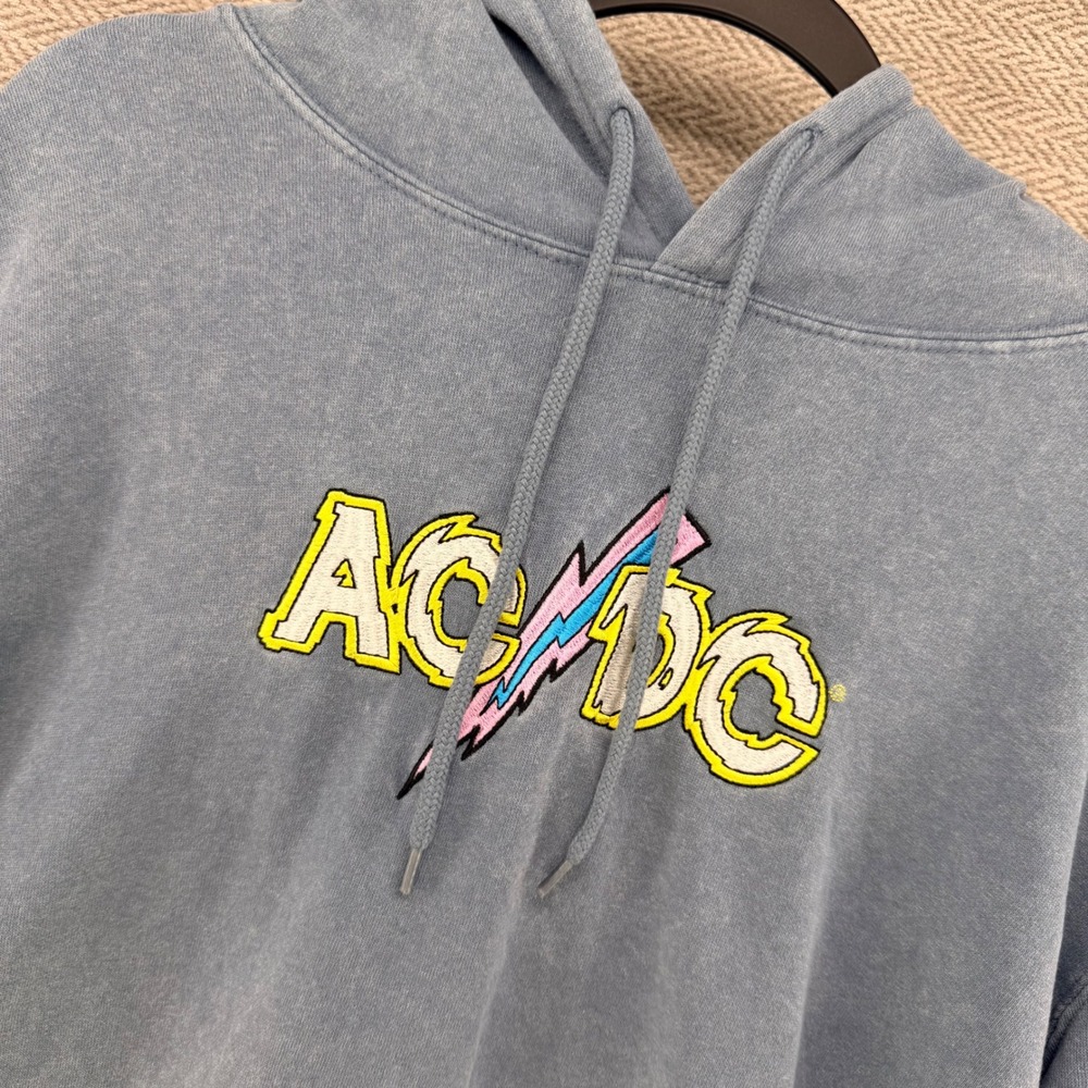 ACDC Live 1978 Tour Graphic Hoodie Blue Acid Wash Mens XL Embroidered Logo